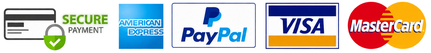 Secure payment methods including American Express, PayPal, Visa and Mastercard